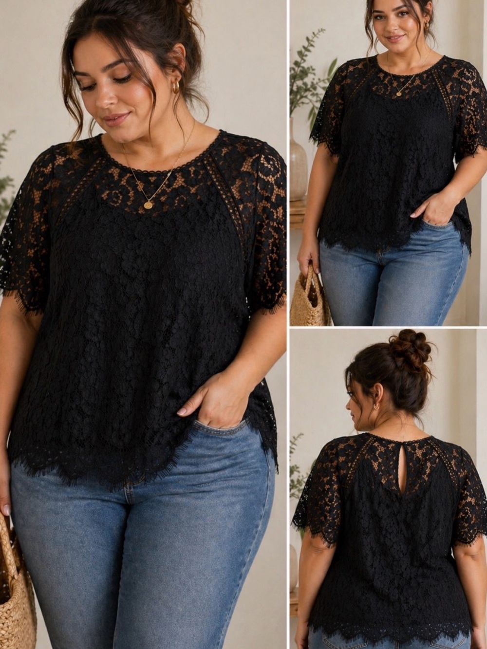 Savanna Jane Lace Top 1X Black Boho Sheer Floral Crochet Blouse